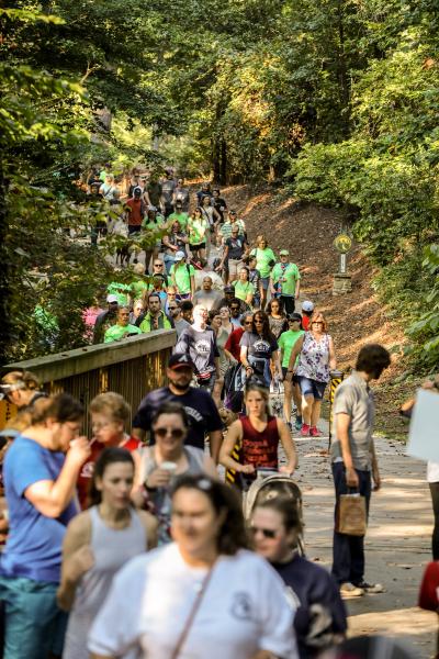 Large group of people walking on a path through some woods