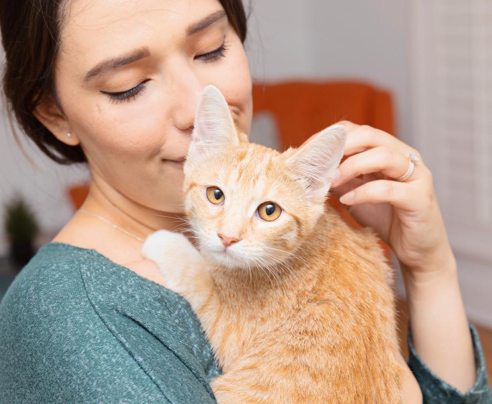 Person smiling while holding a small cat