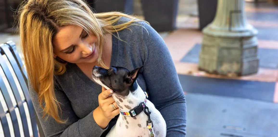 Person sitting with a small dog on their lap on a bench