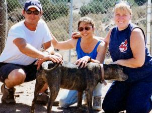 3 people with large brown dog