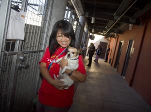 Smiling person carrying a small brown and white dog outside a kennel