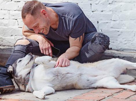 Smiling person rubbing the belly of a dog lying on his side