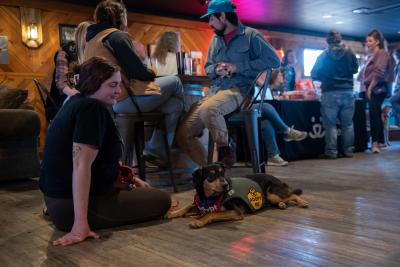 Brook the dog wearing an Adopt Me vest at a social event with people