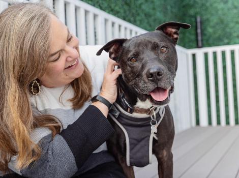 Captain the dog next to Jill Shaw, who is looking at him, smiling and petting him