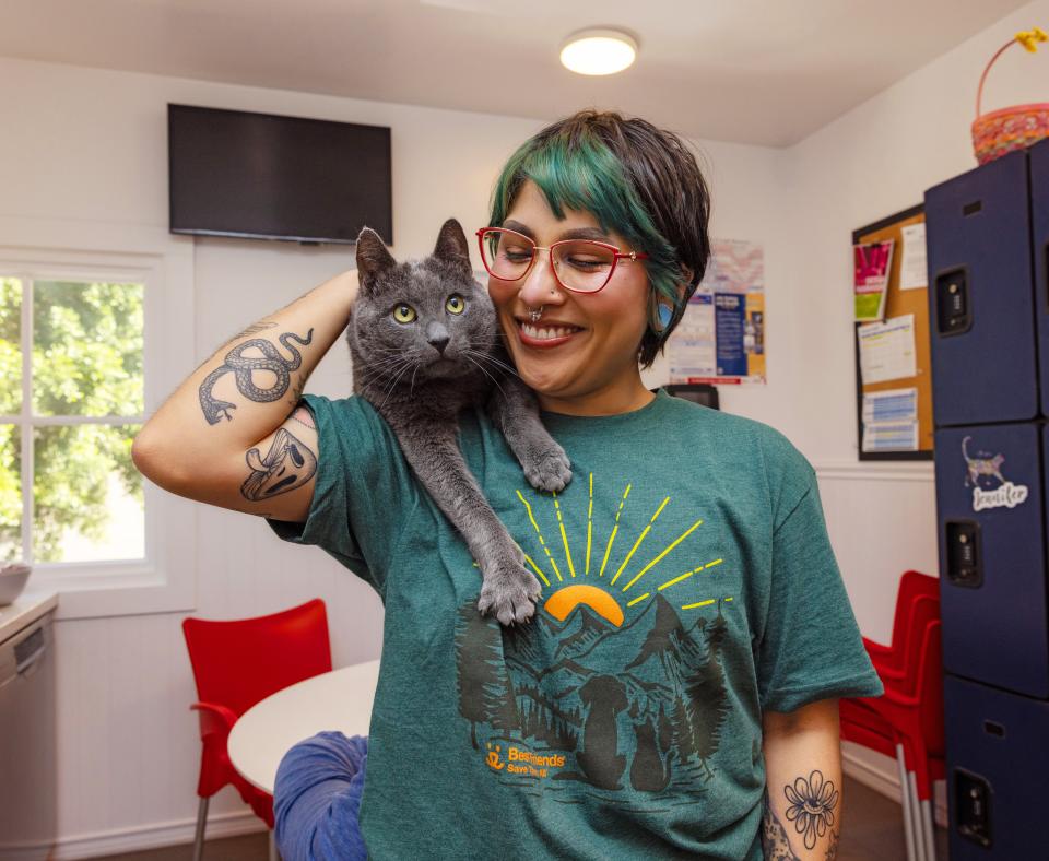 Smiling person looking at an adoptable cat sitting on their shoulder