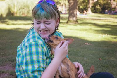 Gremlin the dog kissing Athena's face