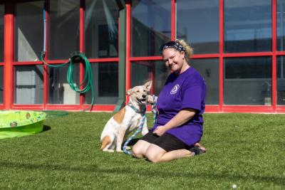 Person sitting in some grass next to Maple the dog