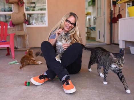 Best Friends CEO Julie Castle sitting on the floor with a cat in her lap and other cats around her