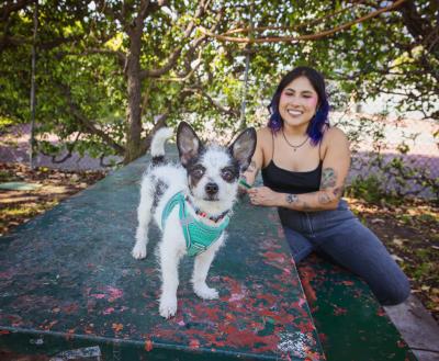 Person sitting at an outdoor table behind a small dog