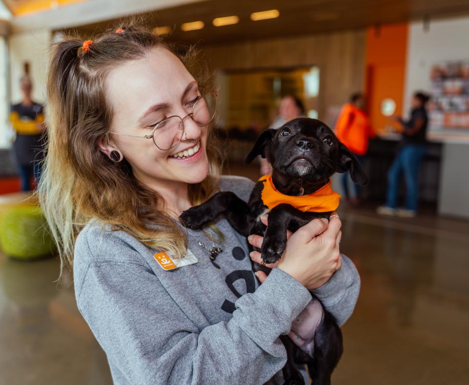 Person holding a cat at the Best Friends Pet Resource Center in Northwest Arkansas