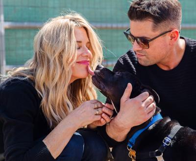 Dog licking a smiling person's face while playing outside