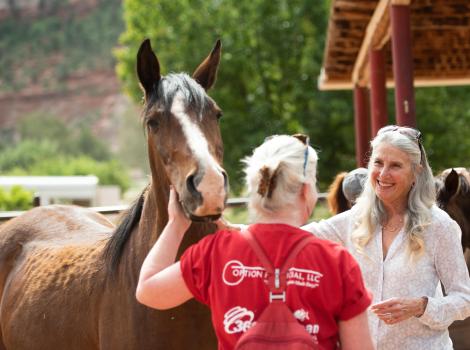 Best Friends co-founder Jana de Peyer doing a workshop outside with another person and a horse