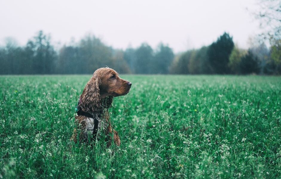 A Cocker Spaniel sits attentively in a green field, surrounded by nature.