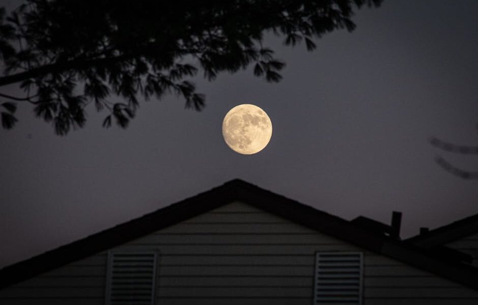 A full moon illuminating the night sky above a silhouetted house with trees.