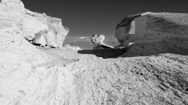Monochrome landscape of El Peñón’s unique sandstone formations in Catamarca, Argentina.