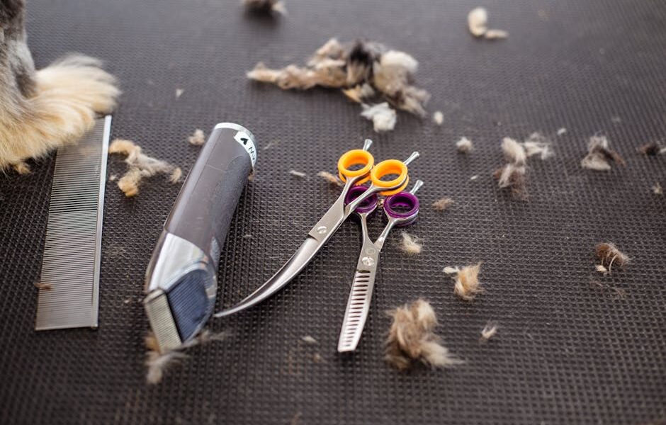 Close-up of grooming tools including scissors, trimmer, and pet fur on a black mat.