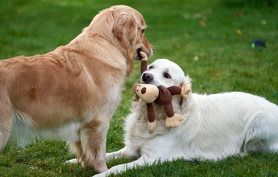 Two golden retrievers playing with a plush toy on the grass in a playful outdoor moment.