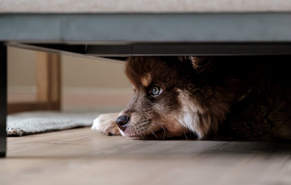 A fluffy dog quietly hides under a sofa, capturing a moment of peace and curiosity.