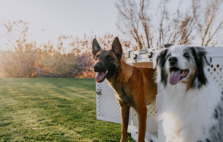 A Belgian Malinois and Border Collie enjoy outdoor play near a dog crate during sunset.